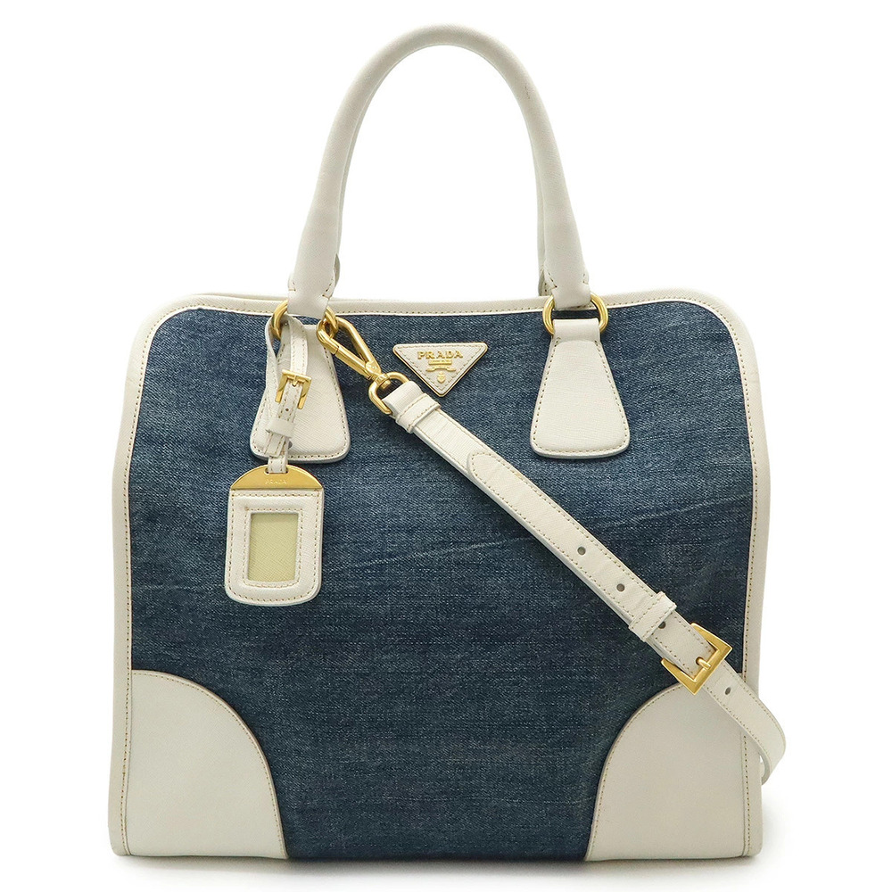 Prada Triangle Handbag Tote Bag Crossbody Denim Leather Blue White